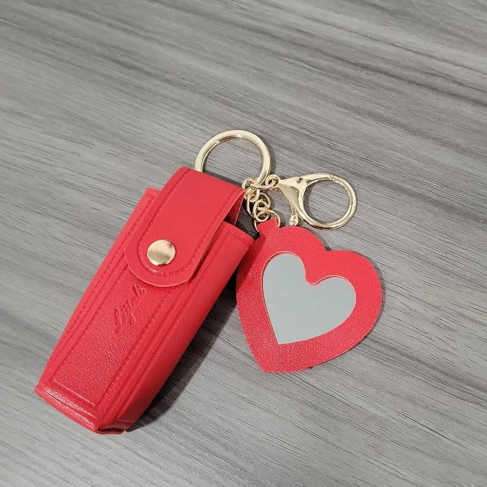 ๐ Red Mini Lipstick Holder Keychain w/ Heart Mirror ๐ Portable & Stylish! - Picture 4 of 5